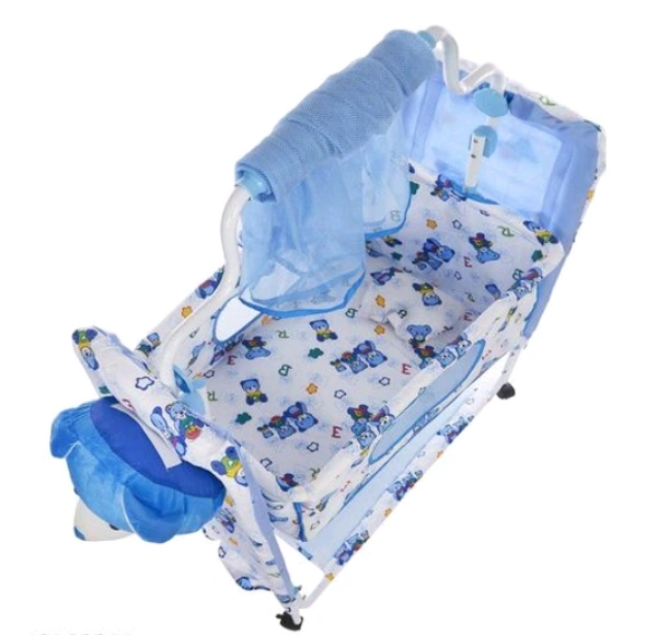 Cozy New Born Baby Cradle, Swing, Jhula,Palna, Bedding, Bed, Crib, Bassinet with Mattress, Pillow, Mosquito Net for 0-9 Months (Blue) - Free Size, Blue, Cradle Material :Cotton, Jhula, Multipack 1